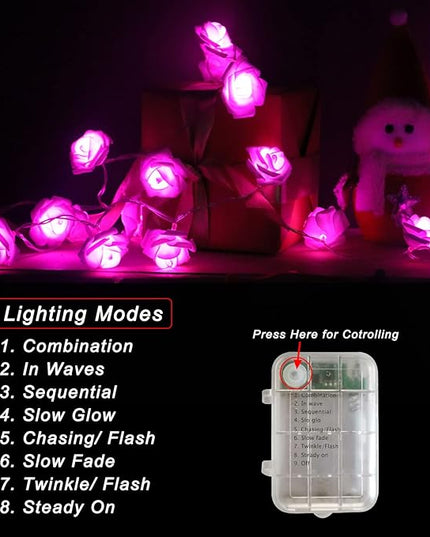 30 LED Pink Lights Valentines Day Decorations, Valentines Day Gifts 10.3Ft 8 Modes Rose Lights String Battery Operated with Remote Flower Lights for Bedroom Wedding Party Mothers Day Christmas Decor - LeafyLoom