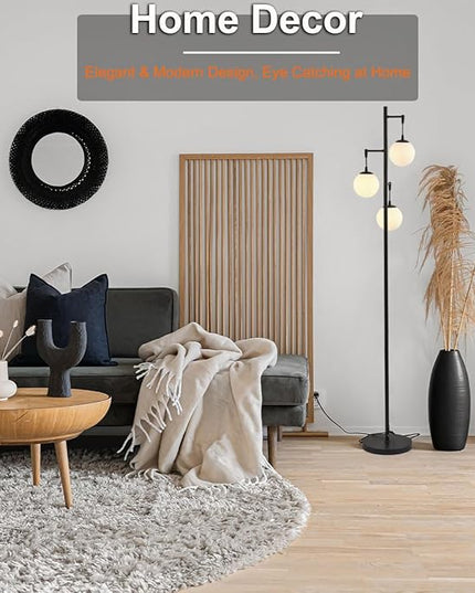 3 Globe Mid Century Modern Globe Floor Lamp with Frosted Glass Shade and 3000K LED Bulbs, Contemporary Retro Black Standing Lamp for Living Room Bedroom Office - LeafyLoom