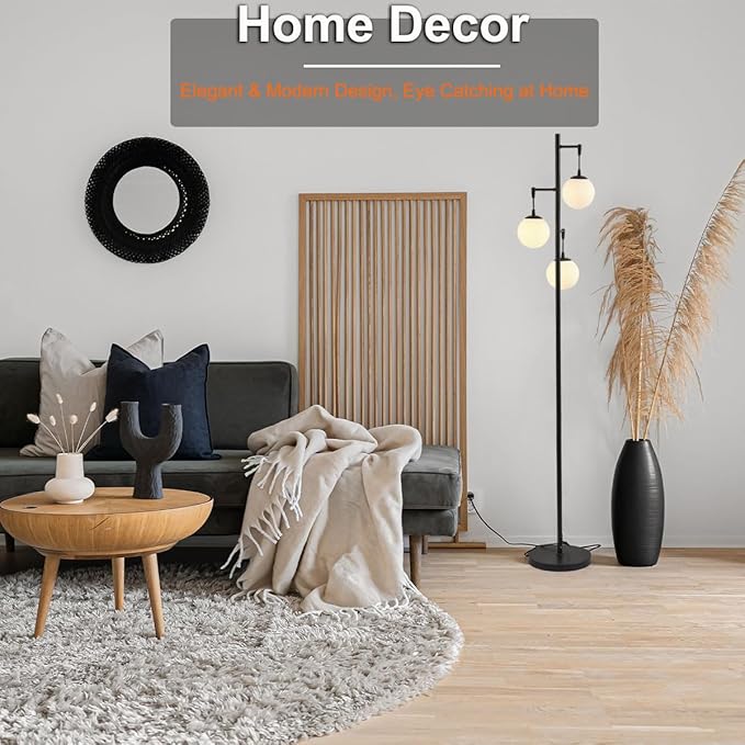 3 Globe Mid Century Modern Globe Floor Lamp with Frosted Glass Shade and 3000K LED Bulbs, Contemporary Retro Black Standing Lamp for Living Room Bedroom Office - LeafyLoom