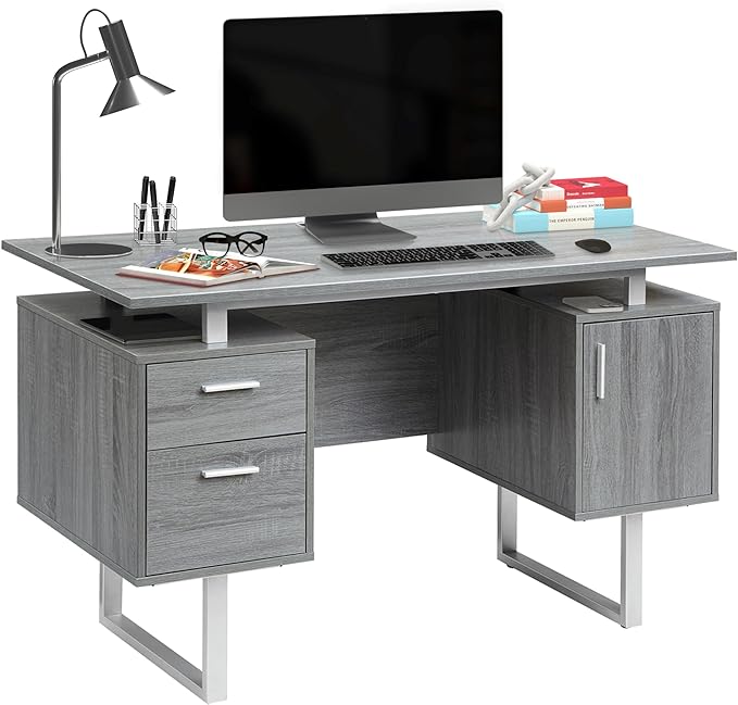 Techni Mobili Modern Office Desk with Storage, Gray - LeafyLoom
