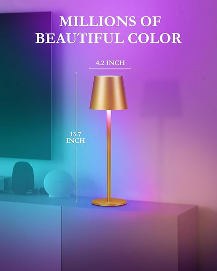 2-Pack Gold RGB Cordless Table Lamp, 5200mAh RGB 8 Modes & Touch Control Rechargeable Battery Desk Lamp, IP54 Waterproof outdoor table lamp for Bedroom/Outdoor/Restaurant/Camping/Bars(Gold) - LeafyLoom