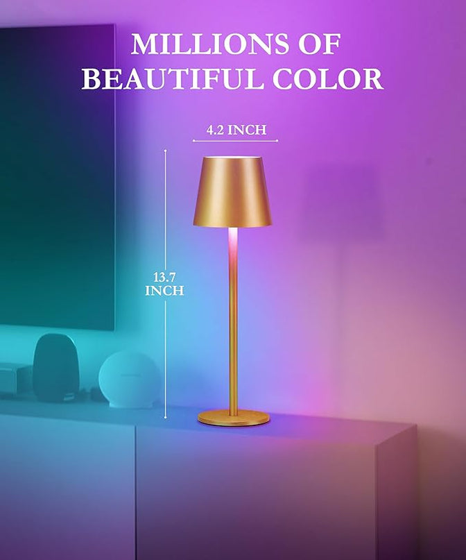 2-Pack Gold RGB Cordless Table Lamp, 5200mAh RGB 8 Modes & Touch Control Rechargeable Battery Desk Lamp, IP54 Waterproof outdoor table lamp for Bedroom/Outdoor/Restaurant/Camping/Bars(Gold) - LeafyLoom