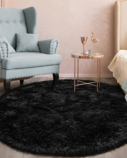 Black Round Rug for Bedroom, Super Fluffy Circle Rugs for Baby Nursery, 5'X5' Feet Furry Carpet for Children Kids Room, Cute Soft Shaggy Rug for Girls Home Decor, Fuzzy Plush Carpets for Dorm - LeafyLoom