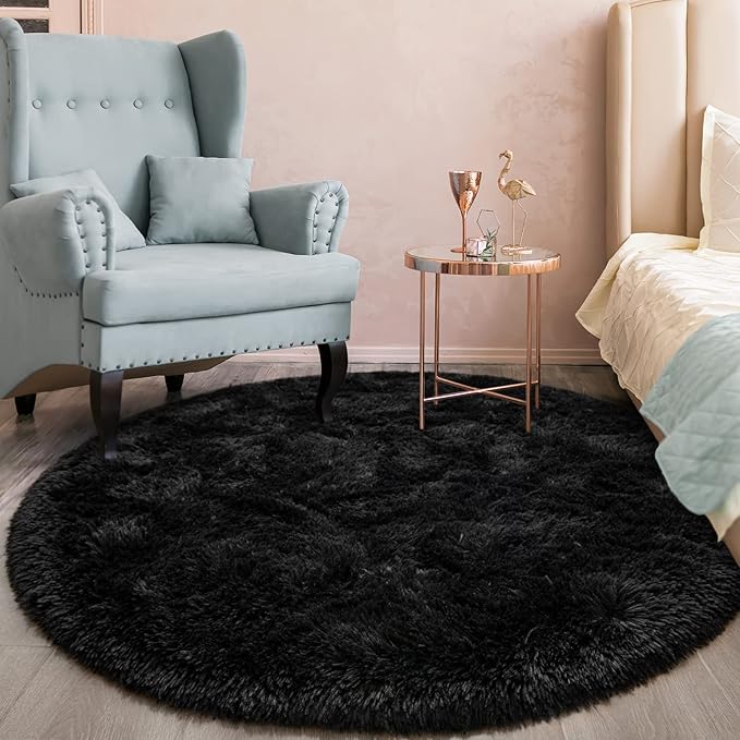 Black Round Rug for Bedroom, Super Fluffy Circle Rugs for Baby Nursery, 5'X5' Feet Furry Carpet for Children Kids Room, Cute Soft Shaggy Rug for Girls Home Decor, Fuzzy Plush Carpets for Dorm - LeafyLoom