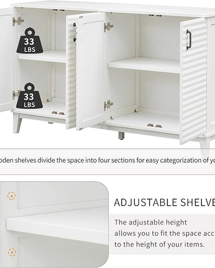 60" Sideboard with 4 Door Large,Retro Wooden Buffet Cabinet,W/Adjustable Shelves and Metal Handles,Console Table for Living Room Bedroom Kitchen,Antique White - LeafyLoom