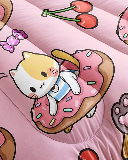 Kawaii Cat Comforter Full Size,Doughnut Cherry Cat Comforter Set for Kids Teens Girls,3Pcs Bedding Set Printed Comforter with 2 Pillowcases,Soft and Lightweight(Pink，Full Size) - LeafyLoom