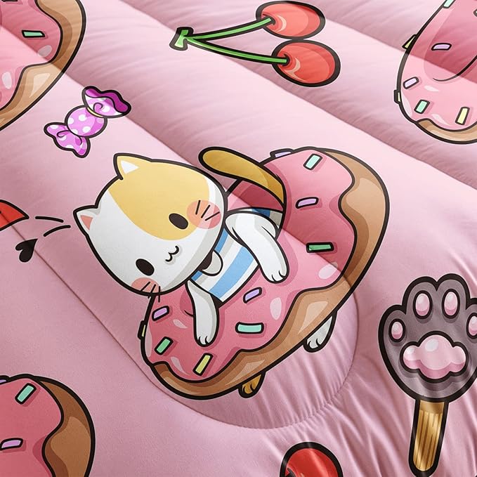 Kawaii Cat Comforter King Size,Doughnut Cherry Cat Comforter Set for Kids Teens Girls,3Pcs Bedding Set Printed Comforter with 2 Pillowcases,Soft and Lightweight(Pink，King Size) - LeafyLoom