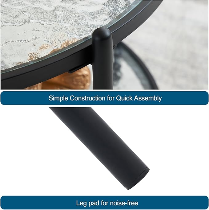 VINGLI 25.6" Small Matte Black Round Coffee Table Water-wave Glass Circle Clear Coffee Table, Center Table with 2-Tier Modern Storage Design for Living Room, Bedroom, Meeting Room, Balcony, Patio - LeafyLoom