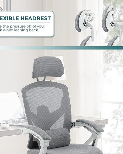 edx Ergonomic Office Chair, Reclining High Back Mesh Computer Desk Swivel Rolling Home Task Chair with Lumbar Support Pillow, Adjustable Headrest, Retractable Footrest and Padded Armrests, Grey - LeafyLoom