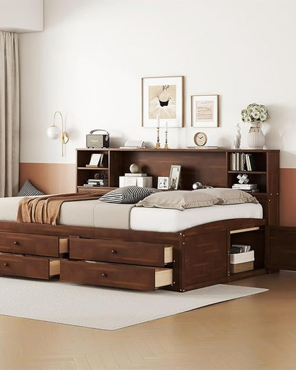 Merax Wooden Captain Bed Frame with Storage,Full Size Platform Bed with Built-in Storage Shelves,4 Drawers and 2 Cabinets,Full Size Daybed for Living Room - LeafyLoom