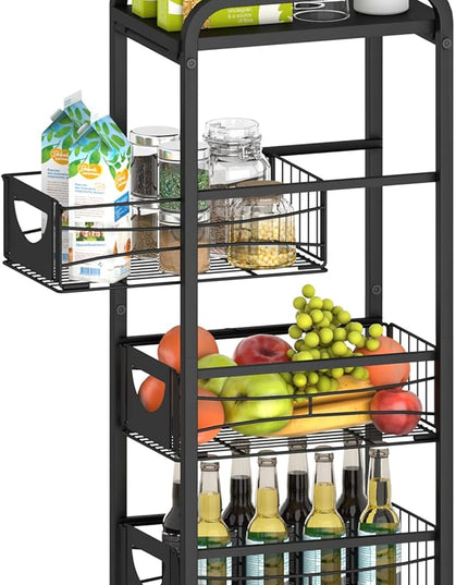 Slim Rolling Storage Cart Small Narrow Kitchen Metal Storage Cart with Lockable Wheels Slim Laundry Bathroom Storage Cart with Wooden top for Kitchen Laundry Narrow Places with Pull-Out Basket Black - LeafyLoom