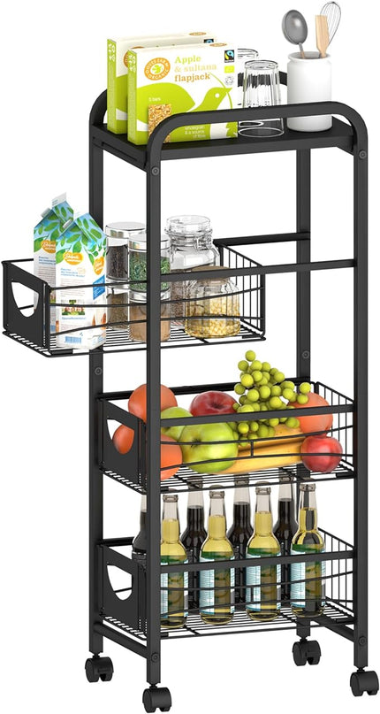 Slim Rolling Storage Cart Small Narrow Kitchen Metal Storage Cart with Lockable Wheels Slim Laundry Bathroom Storage Cart with Wooden top for Kitchen Laundry Narrow Places with Pull-Out Basket Black - LeafyLoom