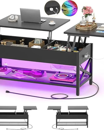 Aheaplus Black Lift-Top Coffee Table with LED Light, Power Outlets and Storage Shelf, 41.7"W x 19.69"L x 19.7"H - LeafyLoom