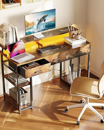 AODK 48 inch Computer Desk with 3 Drawers, Gaming Desk with LED Lights & Power Outlets, Home Office Desk with Storage Shelves & Monitor Stand, Modern Work Study Writing Table for Small Spaces, Vintage - LeafyLoom