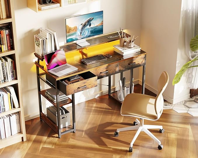 AODK 48 inch Computer Desk with 3 Drawers, Gaming Desk with LED Lights & Power Outlets, Home Office Desk with Storage Shelves & Monitor Stand, Modern Work Study Writing Table for Small Spaces, Vintage - LeafyLoom
