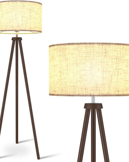 LEPOWER Wood Tripod Floor Lamp, Mid Century Standing Lamp for Living Room, Flaxen Lamp Shade, Modern Design Standing Lamp with E26 Lamp Base, Tall Floor Lamp for Bedroom, Study Room and Office Walnut - LeafyLoom