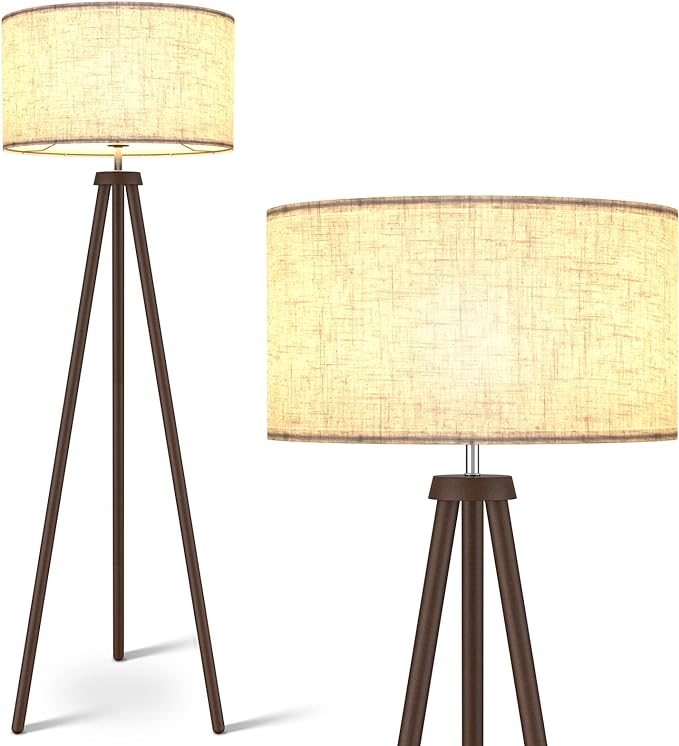 LEPOWER Wood Tripod Floor Lamp, Mid Century Standing Lamp for Living Room, Flaxen Lamp Shade, Modern Design Standing Lamp with E26 Lamp Base, Tall Floor Lamp for Bedroom, Study Room and Office Walnut - LeafyLoom