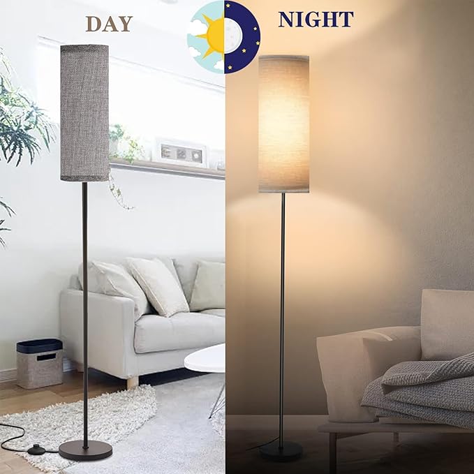 LED Floor Lamp Simple Design, Modern Floor Lamp with Shade, Tall Lamps for Living Room Bedroom Office Dining Room Kitchen, Black Pole Lamp with Foot Switch (with Bulb)(Gray Shade) - LeafyLoom