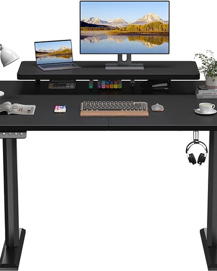 Electric Standing Desk with Monitor Shelf, 47 x 24 Inches Height Adjustable Corner Table, Computer Workstation with Cup Holder and Hook for Home Office, Black, 47x24 Inch - LeafyLoom