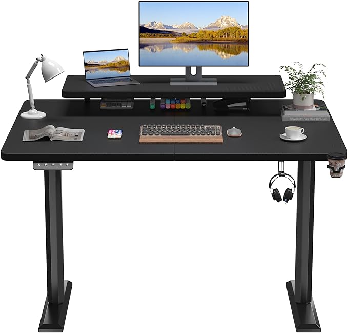Electric Standing Desk with Monitor Shelf, 47 x 24 Inches Height Adjustable Corner Table, Computer Workstation with Cup Holder and Hook for Home Office, Black, 47x24 Inch - LeafyLoom