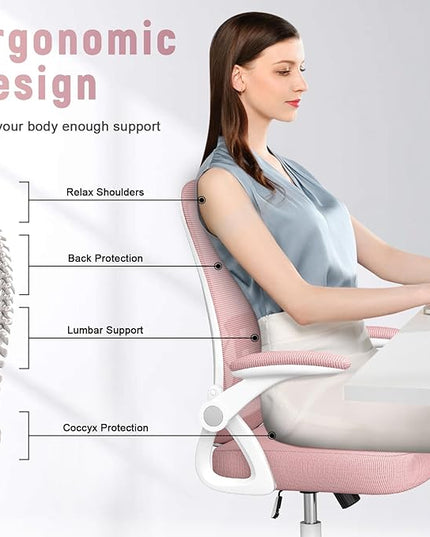 naspaluro Ergonomic Office Chair, Mid Back Desk Chair with Adjustable Height, Swivel Chair with Flip-Up Arms and Lumbar Support, Breathable Mesh Computer Chair for Home/Study/Working, Pink - LeafyLoom