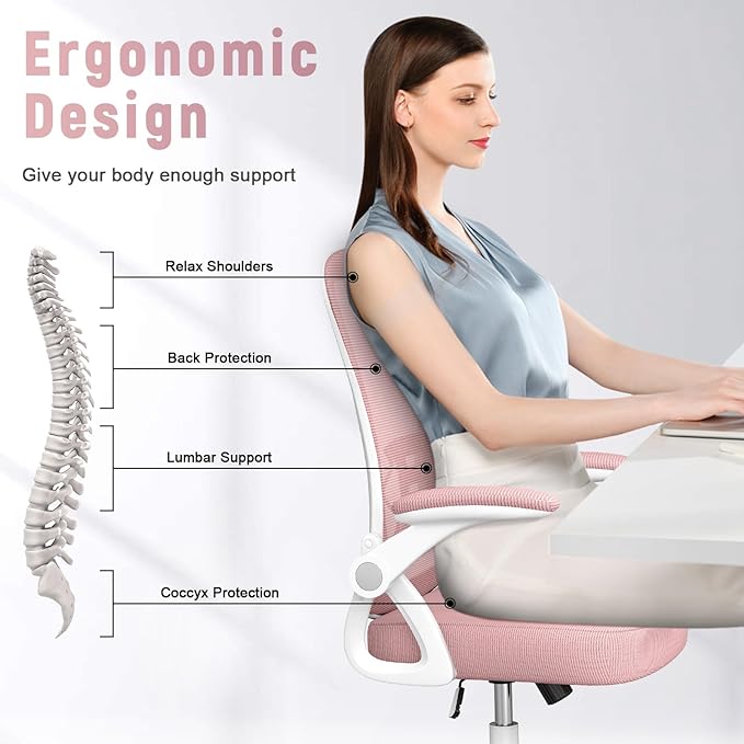 naspaluro Ergonomic Office Chair, Mid Back Desk Chair with Adjustable Height, Swivel Chair with Flip-Up Arms and Lumbar Support, Breathable Mesh Computer Chair for Home/Study/Working, Pink - LeafyLoom