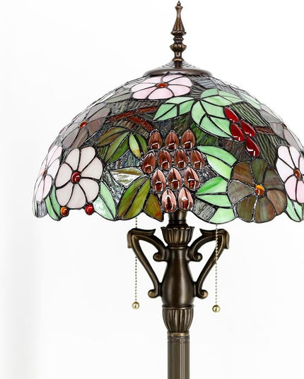 Tiffany Floor Lamp Stained Glass Standing Reading Light 16X16X66 Inch - Green Purple Grape - LeafyLoom