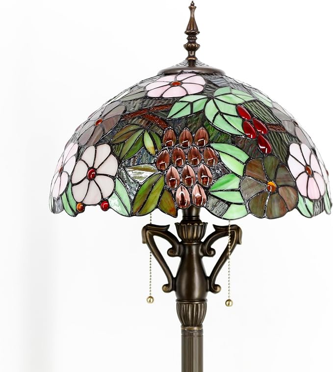 Tiffany Floor Lamp Stained Glass Standing Reading Light 16X16X66 Inch - Green Purple Grape - LeafyLoom