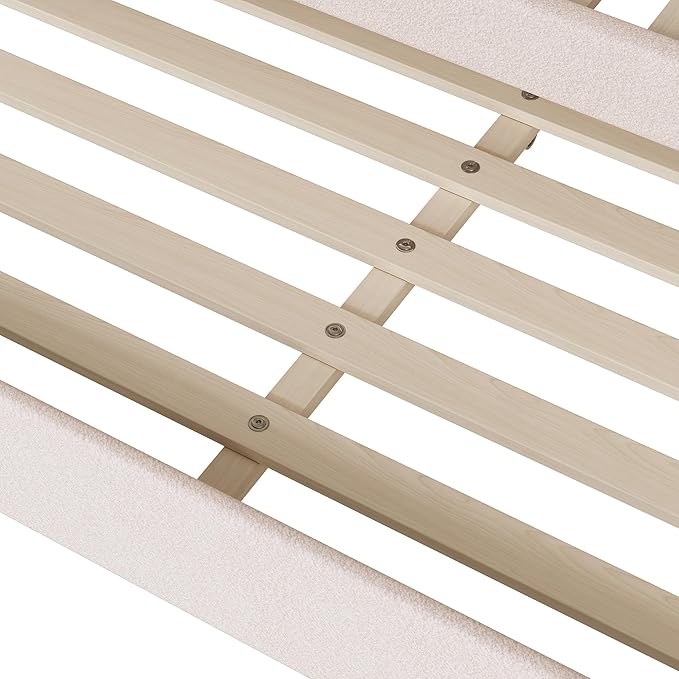 Teddy Fleece Full Size Upholstered Daybed with LED Light and Trundle,Modern Wood Platform Bed W/Side Stripes,Easy Assembly,for Bedroom,Living Room,Guestroom,Beige - LeafyLoom