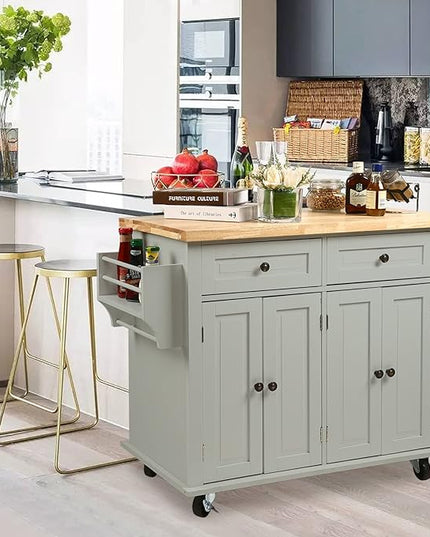 NSdirect Kitchen Island Cart,Kitchen Bar&Serving Cart Rolling on Wheels with Spice Rack Towel Holder Utility Storage Trolley with Storage Drawers for Home Hotel Kitchen Dinning Room(Grey) - LeafyLoom