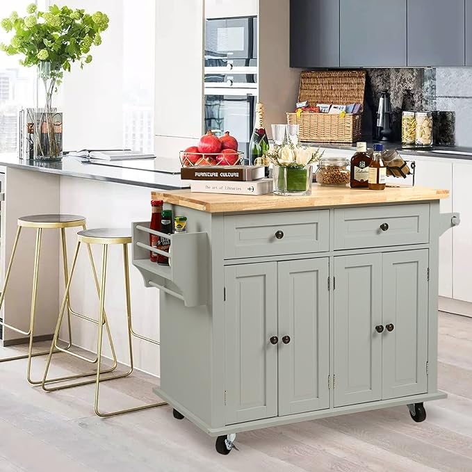 NSdirect Kitchen Island Cart,Kitchen Bar&Serving Cart Rolling on Wheels with Spice Rack Towel Holder Utility Storage Trolley with Storage Drawers for Home Hotel Kitchen Dinning Room(Grey) - LeafyLoom