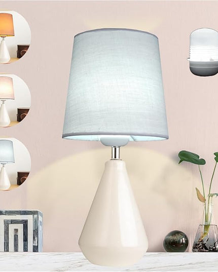 AIDENOEY Small Bedside Table Lamp for Bedroom - Desk Reading Lamps with 3 Way DimmableTouch Control,Nightstand Ceramic Lamp with Fabric Shade for Kids Room,Living Room,Dorm,Home Office (White) - LeafyLoom