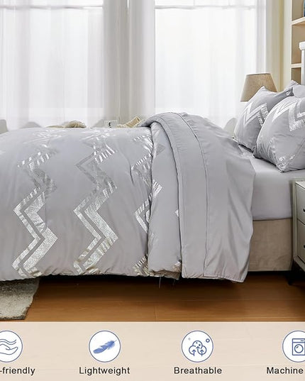 Wowelife Gray Comforter King Size 7 Pieces Silver Glitter Kids Bedding Set Bed in a Bag for Girls with Comforter, Flat Sheet, Fitted Sheet and 2 Pillowcases - LeafyLoom