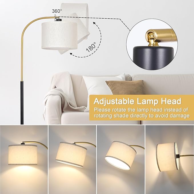 Dimmable Floor Lamp for Living Room, Arc Floor Lamps with Adjustable Drum Shade Pedal Switch, Black and Gold Tall Standing Lamp with 9W LED Bulb, Modern Reading Light Pole Lamp for Bedroom, Office - LeafyLoom
