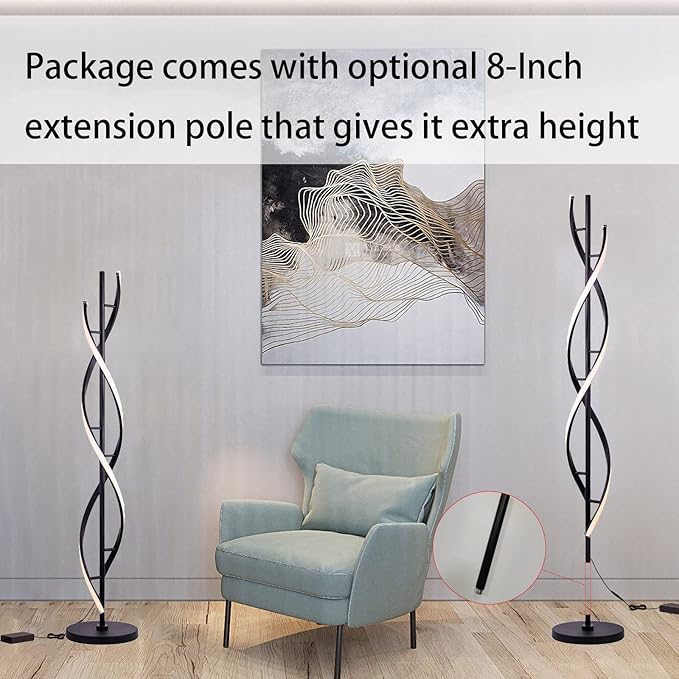 Spiral LED Floor Lamp for Bedroom,Modern Floor Lamp with Remote Control 60 Inch Dimmable Black Floor Lamp 48W Standing Lamp Timing 3 Color Temperature Corner Floor Lamps for Living Room - LeafyLoom