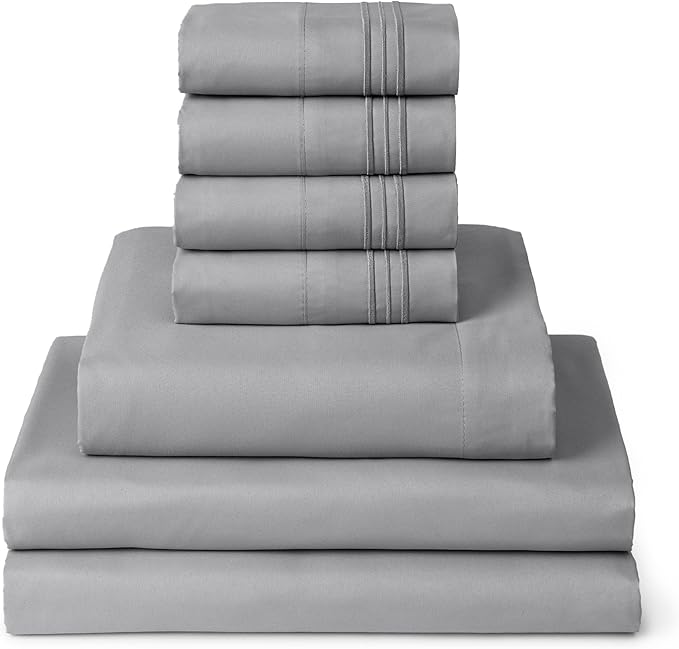 Mellanni Split King Sheets Set - 7 PC Iconic Collection Bedding Sheets & Pillowcases - Ultra Soft, Cooling Bed Sheets - Deep Pocket up to 16 inch - 7 PC (Split King, Light Gray w/Extra Pillow Cases) - LeafyLoom