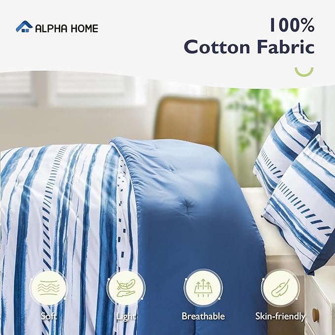 ALPHA HOME Comforter Set Queen Size, Nautical Style All Season Bedding Comforter Set, Comfortable Fluffy Comforter Set with Cotton Fabric (1 Comforter, 2 Pillowcases) - LeafyLoom