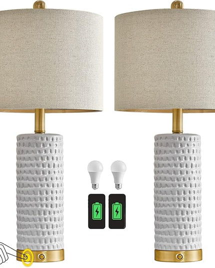 PORTRES 24" Farmhouse 3-Way Dimmable Touch Ceramic Table Lamp Set of 2 for Bedroom White Bedside Lamps with USB A+C Charging Ports for Living room Nightstand Lamp End Table lamps - LeafyLoom