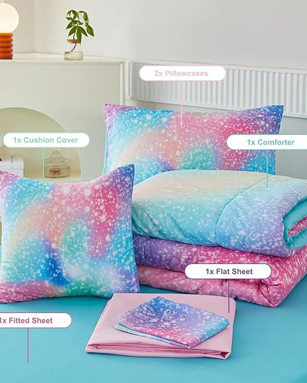PERFEMET Rainbow Queen Girls Bedding Set, 6 Pieces Glitter Pink Green Comforter for Queen Size Bed, Colorful Tie Dye Ombre Teen Girls Bed in A Bag Comforter Set with Sheets - LeafyLoom
