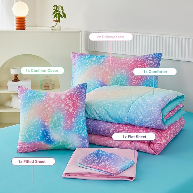 PERFEMET Full Size Comforter Sets for Kids Girls 6 Pieces Pink Green Ombre Rainbow Bedding Set Colorful Tie Dye Glitter Teen Girls Bed in A Bag - LeafyLoom