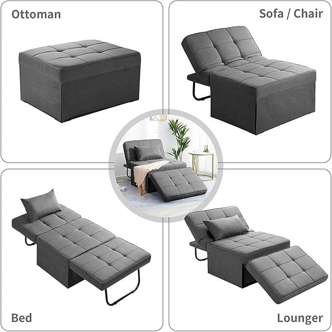 Sofa Bed,4 in 1 Multi Function Folding Ottoman Sleeper Bed,Modern Convertible Chair Adjustable Backrest Couch for Living Room Small Room Apartment,Light Grey - LeafyLoom