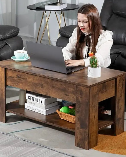 FDW Lift Top Coffee Table with Hidden Compartment and Storage Shelf Wooden Lift Tabletop for Home Living Room Reception Room Office (Brown) - LeafyLoom