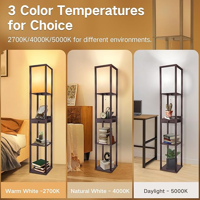 OUTON Deluxe Shelf Floor Lamp with 1 Drawer, 2 USB-C Ports, 2 AC Outlets, LED Modern Floor Lamp with 3 Color Temperature, Storage Display Wood Standing Lamp for Living Room, Bedroom, Office (Walnut) - LeafyLoom