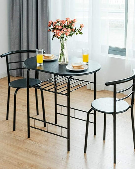 DORTALA 3PCS Dining Table Set, 1 table & 2 chairs set, 3 Piece Compact Dining Set, Oval Table & Mid-back Chairs w/Built-in Wine Rack, Suitable for Small Space, Black - LeafyLoom