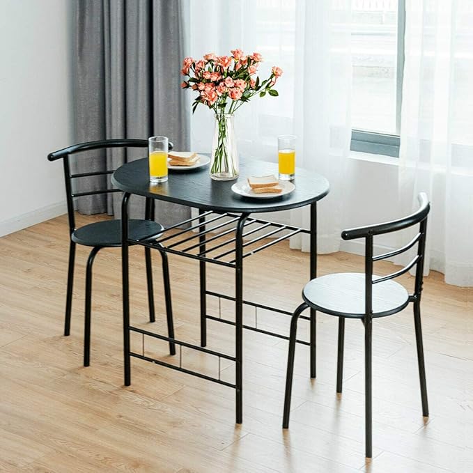 DORTALA 3PCS Dining Table Set, 1 table & 2 chairs set, 3 Piece Compact Dining Set, Oval Table & Mid-back Chairs w/Built-in Wine Rack, Suitable for Small Space, Black - LeafyLoom