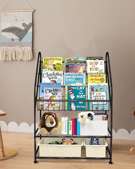 aboxoo Metal Kids Bookshelf Black Toy Chests & Organizers Large Freestanding for Children Toy Chests & OrganizersRoom 25 in Toy Organizer Large Stable Bookcase Bookstore Library Bed Living Room - LeafyLoom