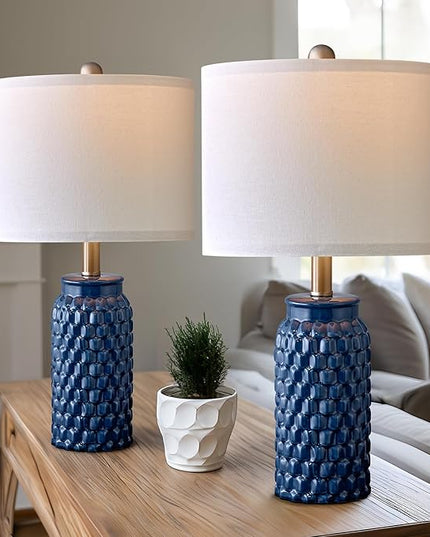 20.5 inches Modern Ceramic Dark Blue Bedside Lamp Set of 2 for Bedroom Decor Farmhouse Table Lamp for Living Room Office Dorm - LeafyLoom