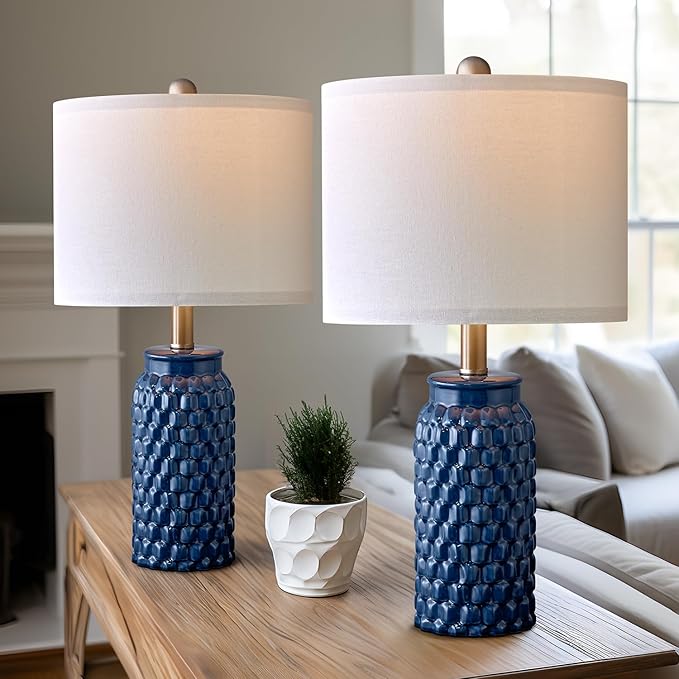 20.5 inches Modern Ceramic Dark Blue Bedside Lamp Set of 2 for Bedroom Decor Farmhouse Table Lamp for Living Room Office Dorm - LeafyLoom