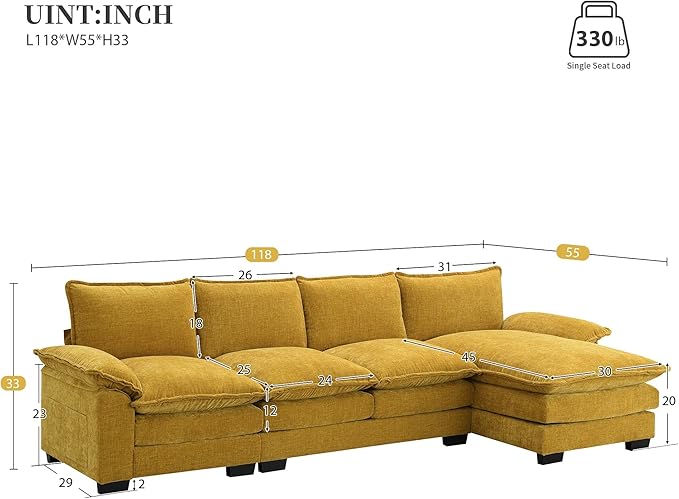 118" Sectional Sofa, L-Shaped Couch Set with Double Cushions and Chaise Lounge, 5-seat Upholstered Indoor Furniture for Living Room, Apartment, Office, 118inch, Yellow - LeafyLoom