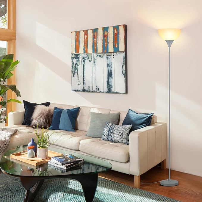 Floor Lamp, LED Standing Lamps with White Plastic Shade, Modern Corner Floor Lamp, Simple Tall Lamps for Living Room Bedroom, Rotary Switch, E26 Base, Bulb not Included, Sliver Grey - LeafyLoom